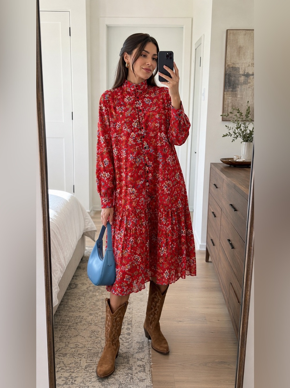 Rag & Bone Silk Blend Floral Shirt Dress Red Long Sleeve Ruffle Hem Size M NWT